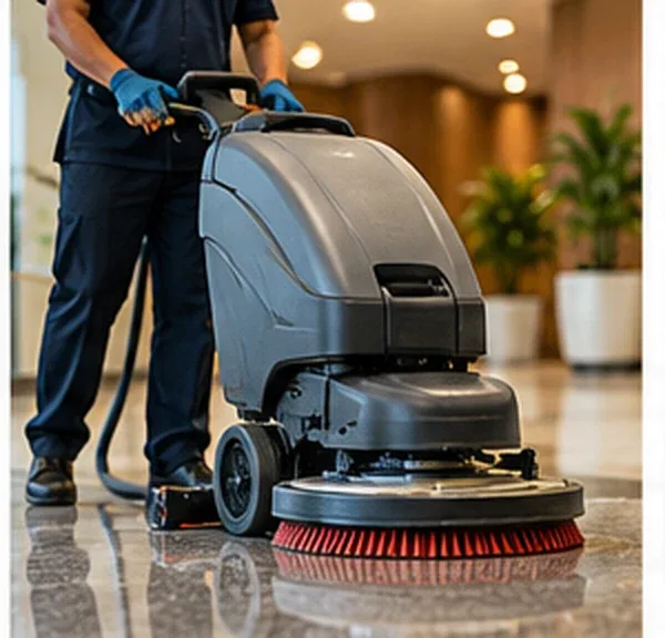 Auto-scrubber cleaning a polished commercial floor