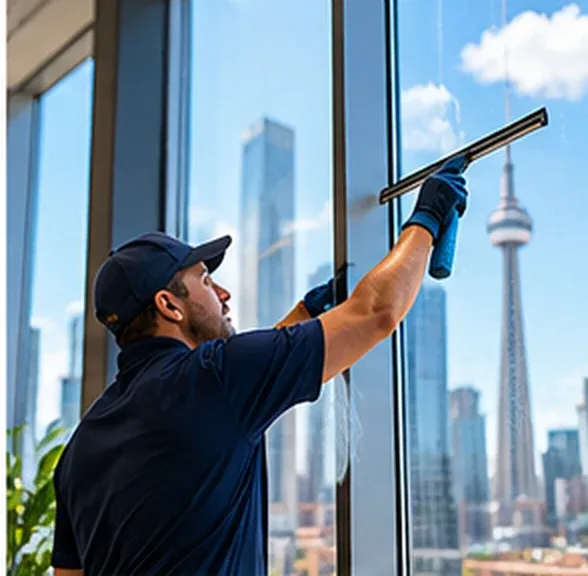 Impact technician squeegeeing an office window with the Toronto skyline behind