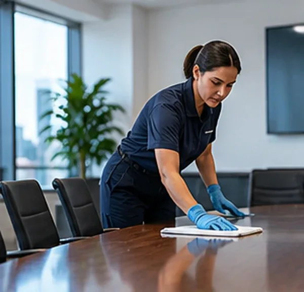 Impact cleaner wiping down a boardroom table in a Toronto office