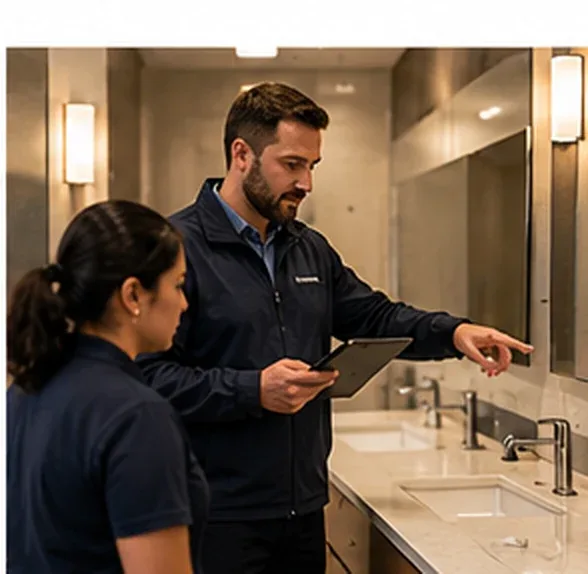 Impact supervisor reviewing an inspection checklist with a cleaner in a washroom