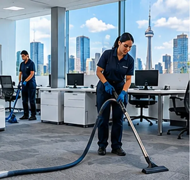 Impact cleaner vacuuming office carpet with the CN Tower outside