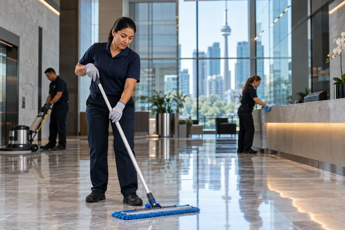 Impact janitorial team cleaning a Toronto building lobby