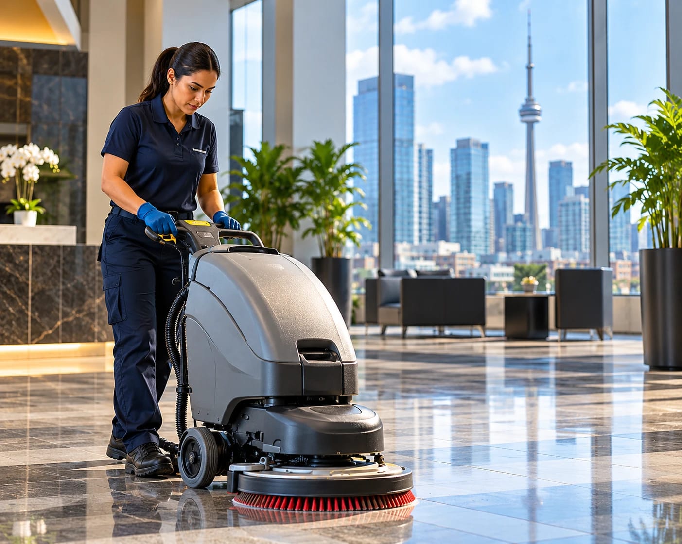 Impact cleaner running a floor scrubber in a Toronto lobby with the CN Tower behind