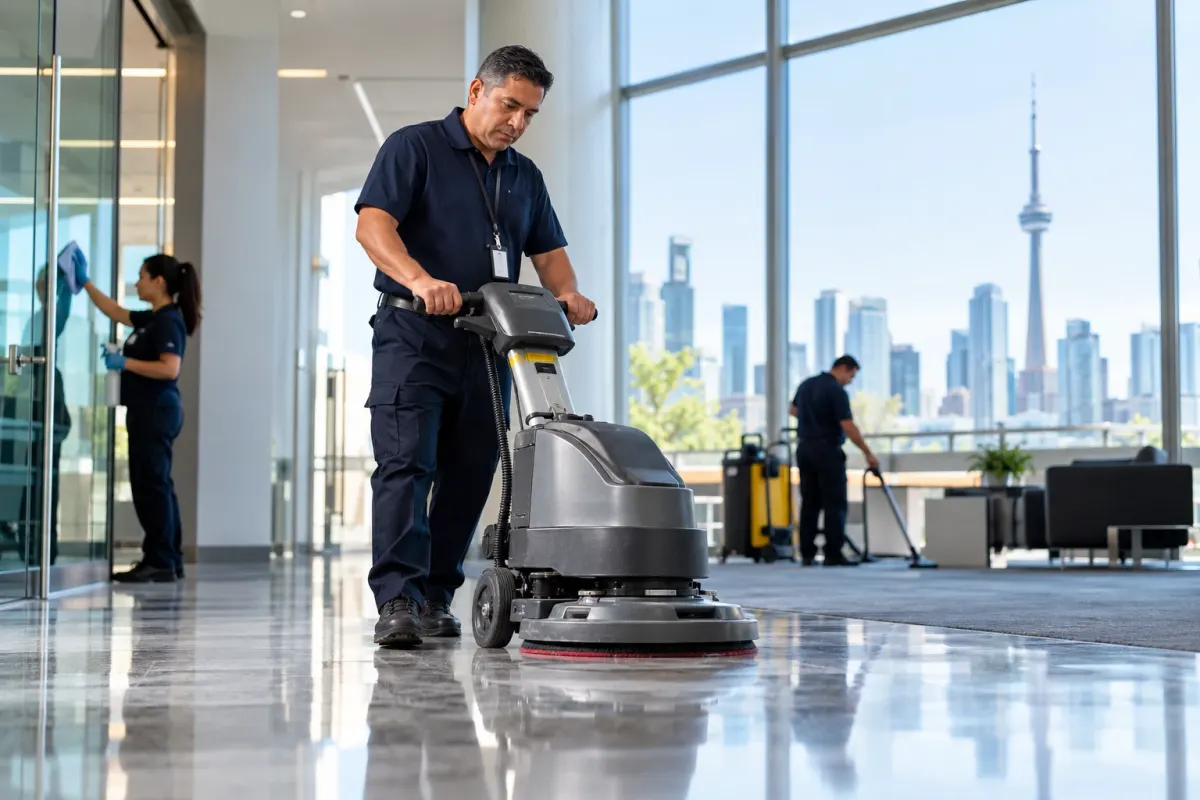 Impact technician running a floor scrubber in a Toronto office with the CN Tower in the window