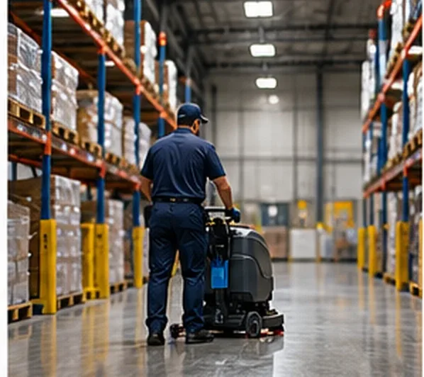 Impact cleaner running a floor scrubber down a warehouse aisle